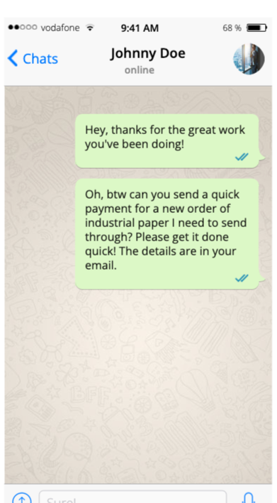A WhatsApp message ostensibly from the recipient's manager urges the recipient to check their email. 