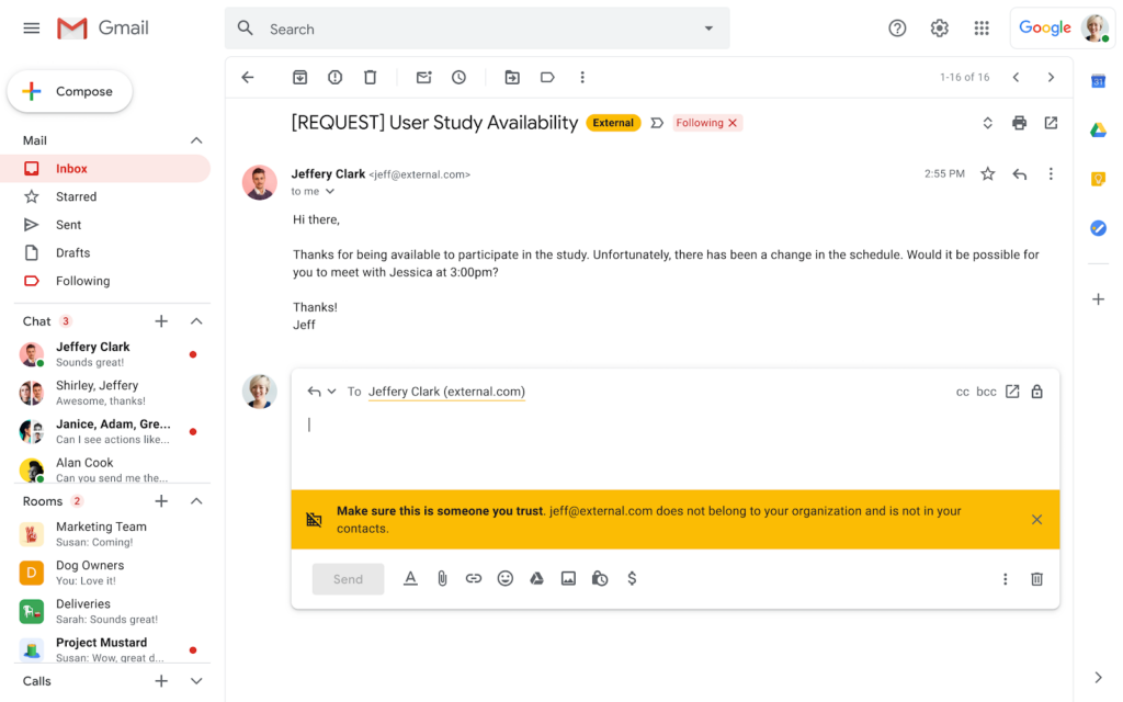 Like most mail providers, Google Workspace has a feature that can caution users when mail originates from an external domain