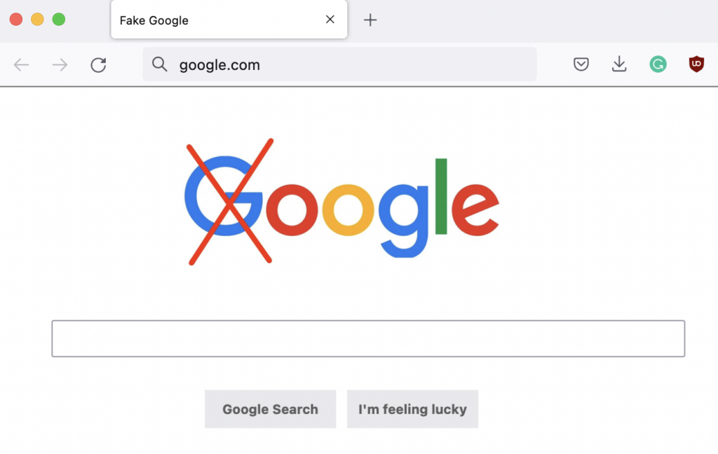 Fake Google webpage displays the G crossed out