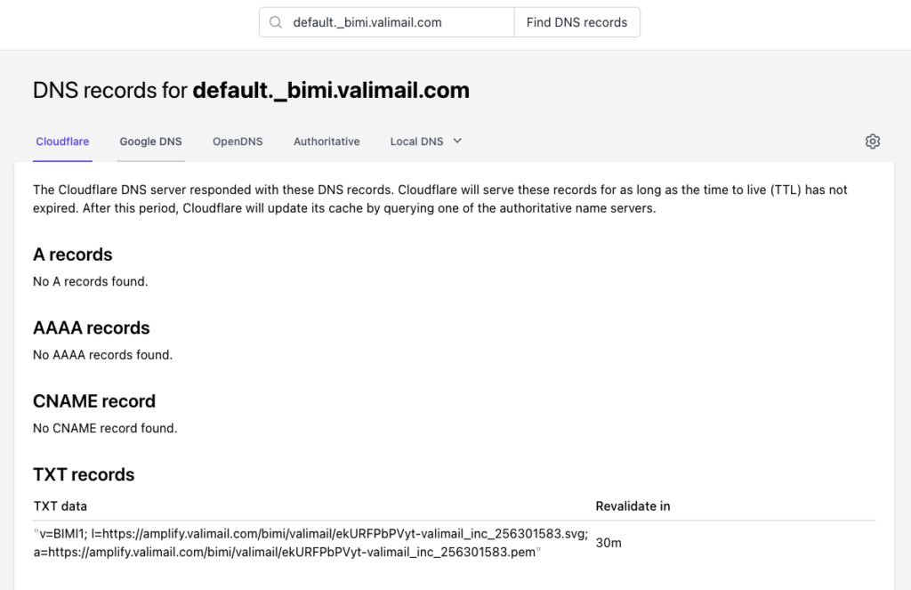 bimi record in valimail's dns records