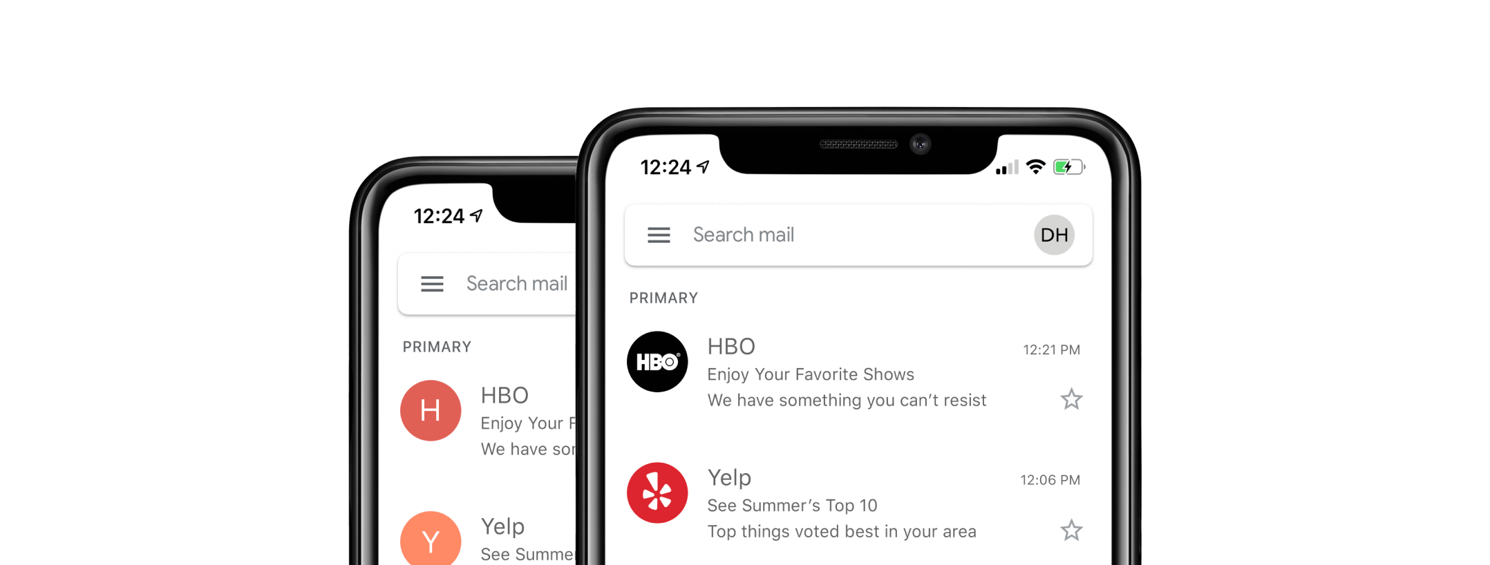 Image of two phones showing before and after BIMI logos for HBO and Yelp.