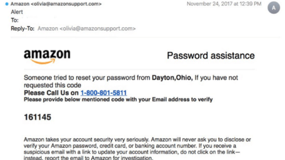 Example of a phishing email from Amazon.